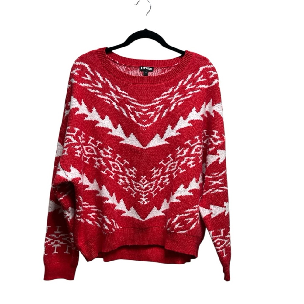 Express Women’s Red and White Patterned Sweater Size Large